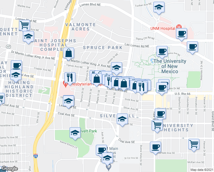 map of restaurants, bars, coffee shops, grocery stores, and more near 1511 Central Avenue Northeast in Albuquerque