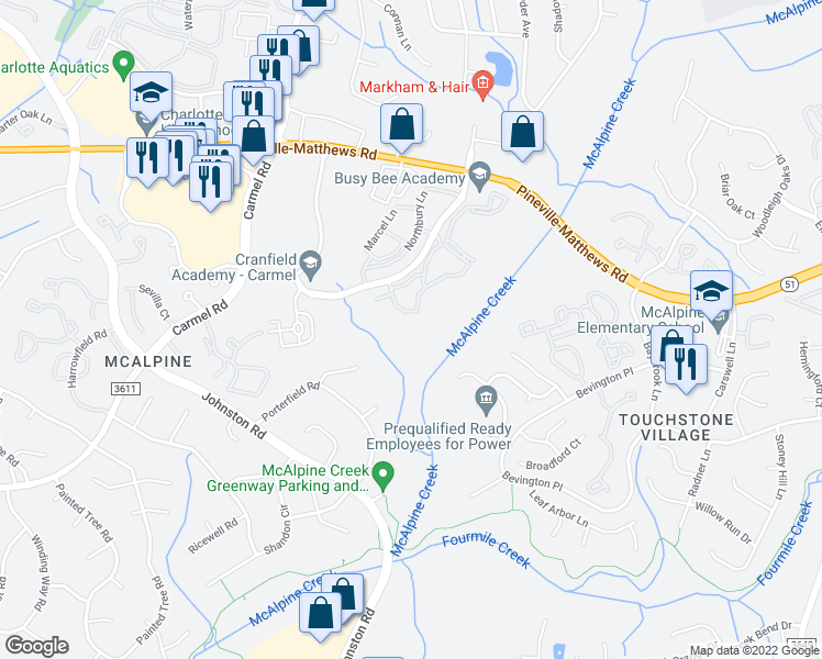 map of restaurants, bars, coffee shops, grocery stores, and more near 6760 Poppy Hills Lane in Charlotte