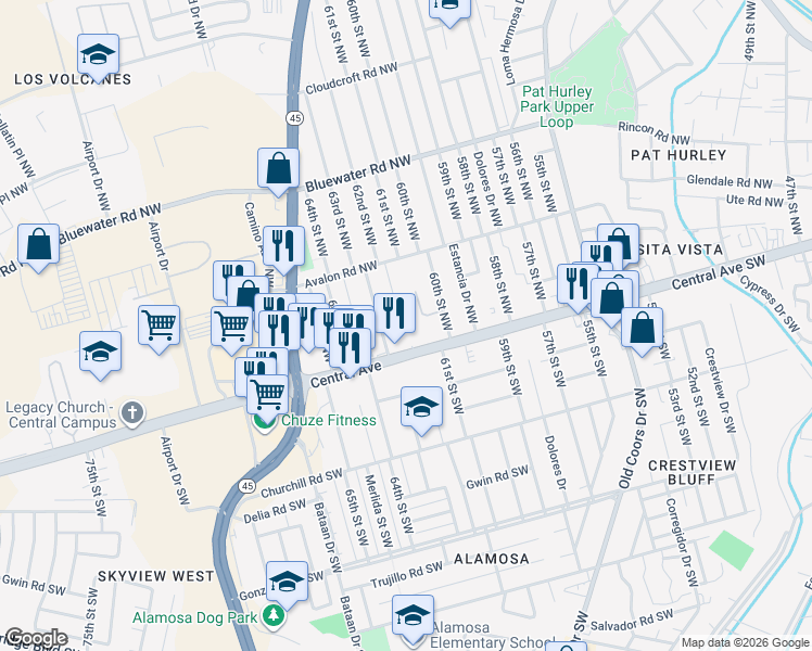 map of restaurants, bars, coffee shops, grocery stores, and more near 116 Knotts Landing Court Northwest in Albuquerque