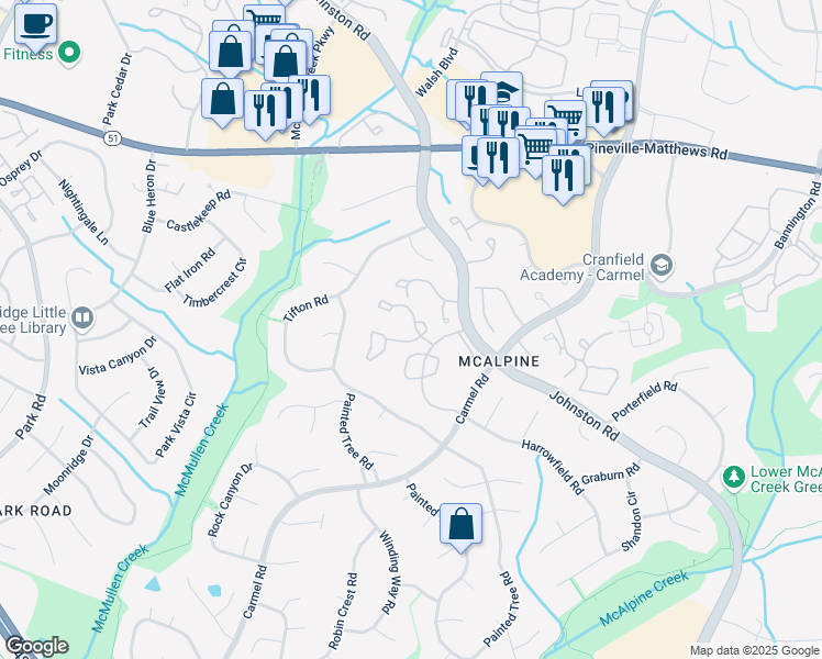 map of restaurants, bars, coffee shops, grocery stores, and more near 11071 Running Ridge Road in Charlotte