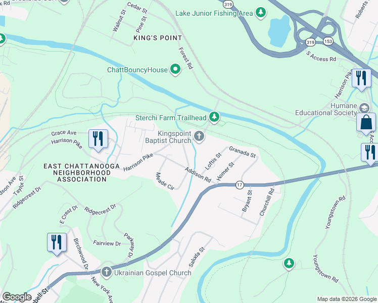 map of restaurants, bars, coffee shops, grocery stores, and more near 4041 Denham Road in Chattanooga