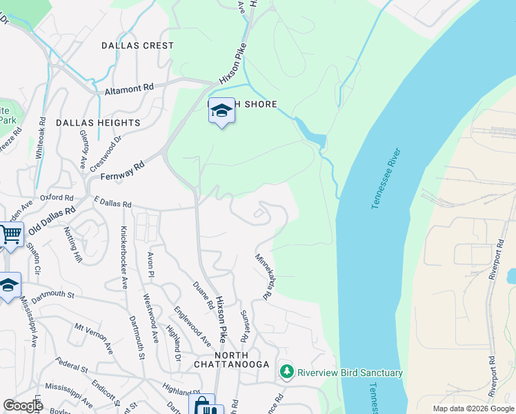 map of restaurants, bars, coffee shops, grocery stores, and more near 30 Minnekahda Place in Chattanooga