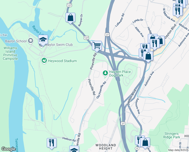map of restaurants, bars, coffee shops, grocery stores, and more near 298 Acorn Oaks Circle in Chattanooga