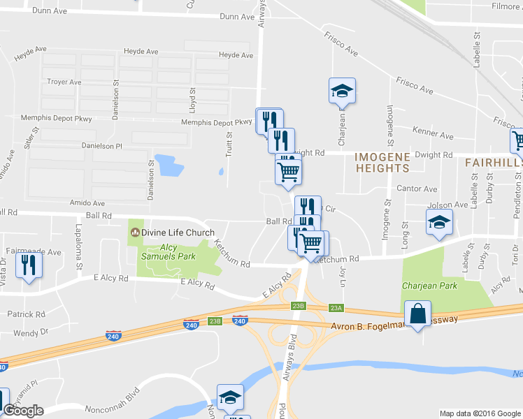 map of restaurants, bars, coffee shops, grocery stores, and more near 2274 Candlewyck Circle in Memphis