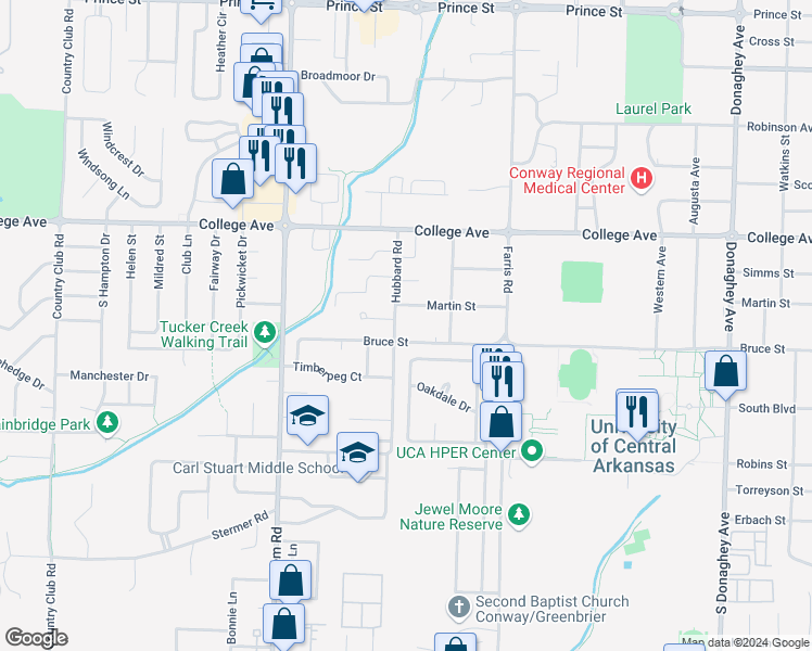 map of restaurants, bars, coffee shops, grocery stores, and more near 315 Hubbard Road in Conway