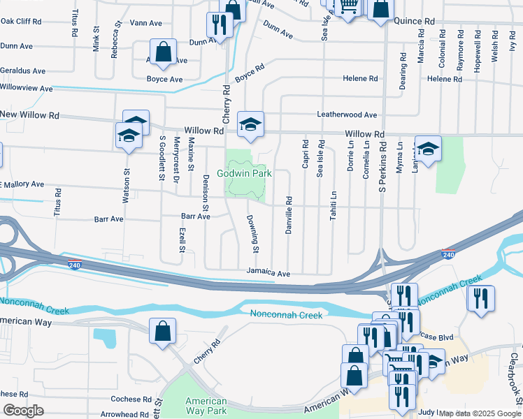 map of restaurants, bars, coffee shops, grocery stores, and more near 4427 Mallory Road in Memphis