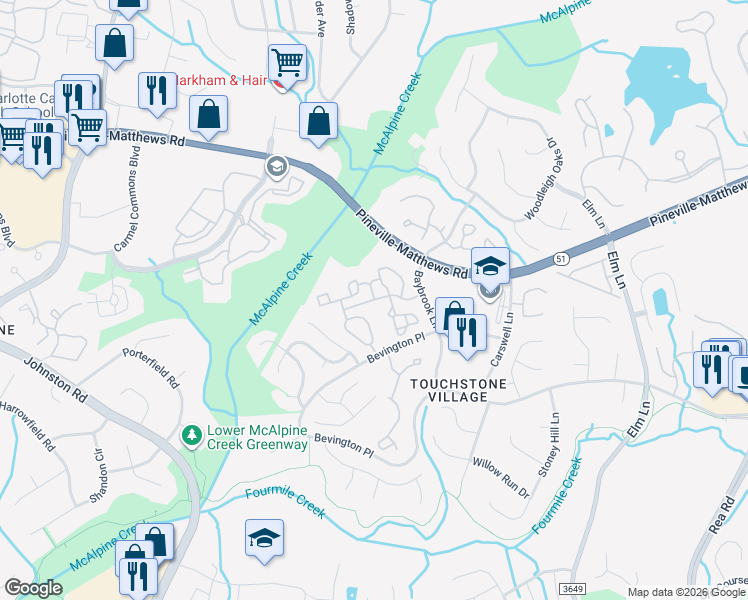 map of restaurants, bars, coffee shops, grocery stores, and more near 6439 Fishers Pond Drive in Charlotte