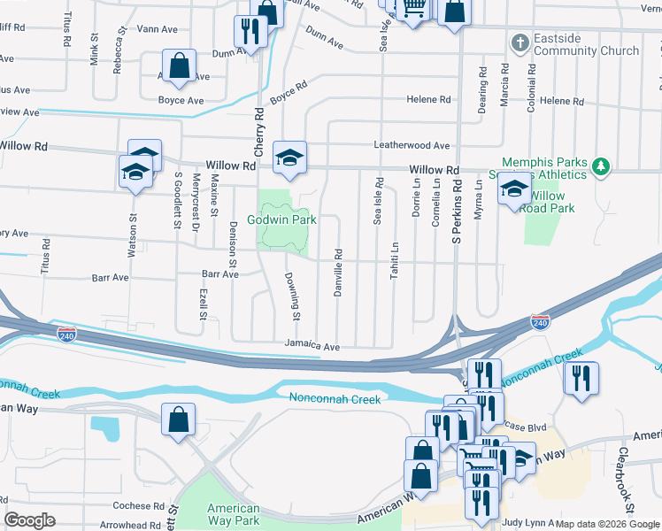 map of restaurants, bars, coffee shops, grocery stores, and more near 4467 Mallory Road in Memphis