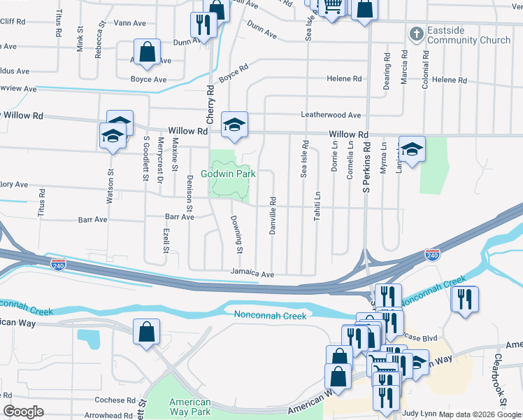 map of restaurants, bars, coffee shops, grocery stores, and more near 4467 Mallory Road in Memphis