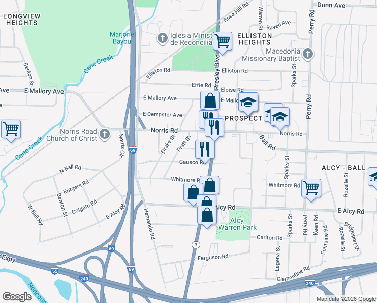 map of restaurants, bars, coffee shops, grocery stores, and more near 1255 Newark Avenue in Memphis