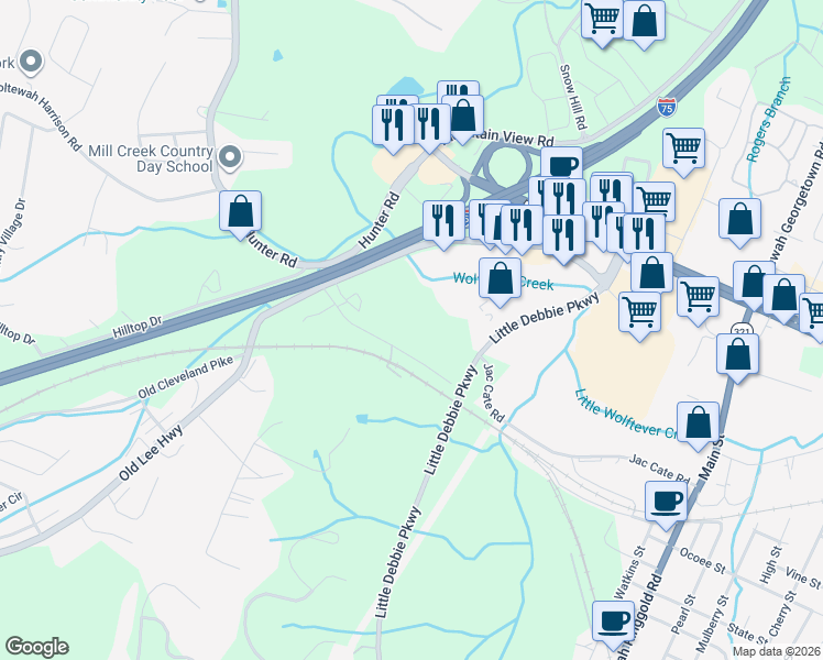 map of restaurants, bars, coffee shops, grocery stores, and more near in Ooltewah