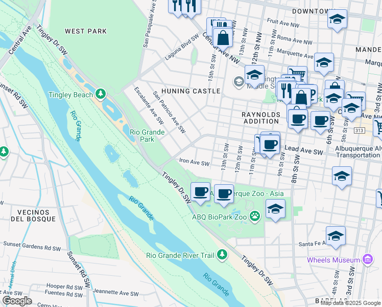 map of restaurants, bars, coffee shops, grocery stores, and more near 4 Broadcast Plaza Southwest in Albuquerque
