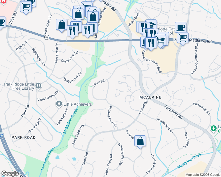 map of restaurants, bars, coffee shops, grocery stores, and more near 10925 Painted Tree Road in Charlotte