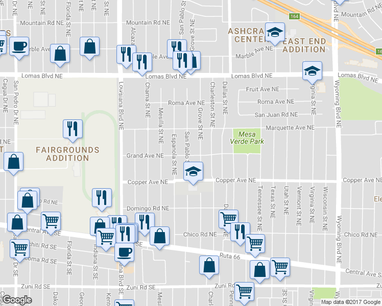 map of restaurants, bars, coffee shops, grocery stores, and more near 500 San Pablo Street Northeast in Albuquerque