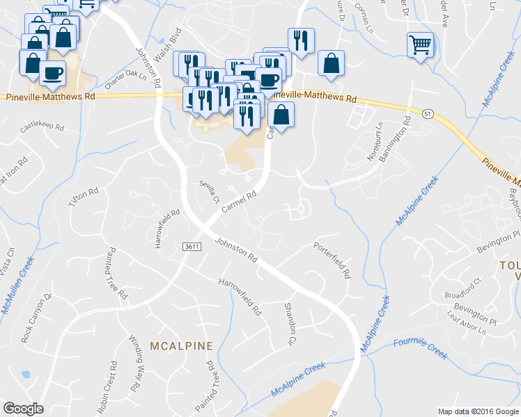 map of restaurants, bars, coffee shops, grocery stores, and more near 6606 Point Comfort Lane in Charlotte