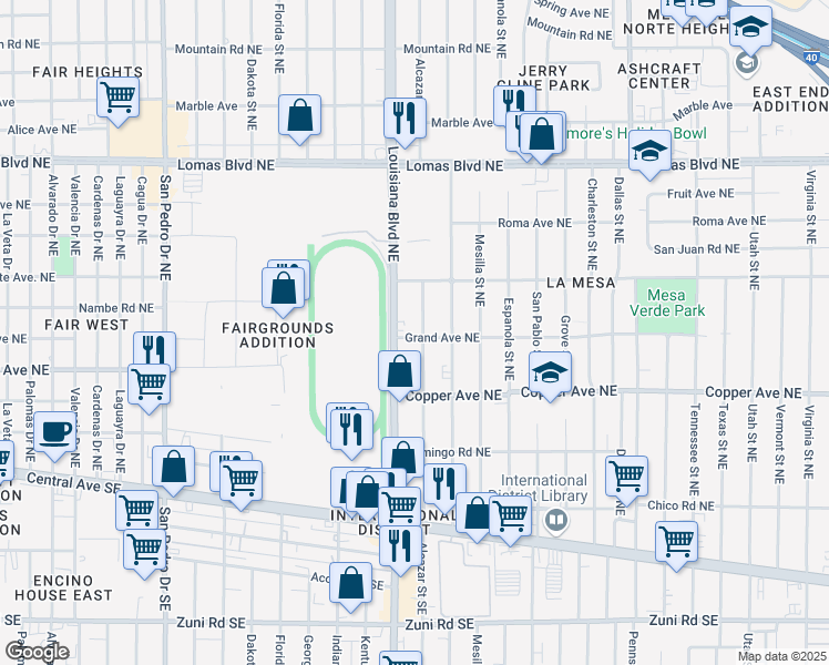 map of restaurants, bars, coffee shops, grocery stores, and more near 401 Alcazar Street Northeast in Albuquerque