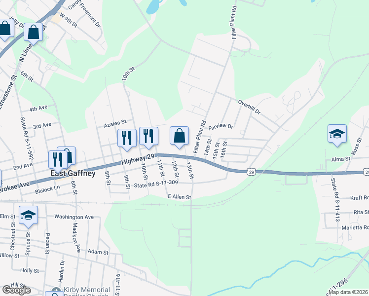 map of restaurants, bars, coffee shops, grocery stores, and more near 115 Filter Plant Road in Gaffney