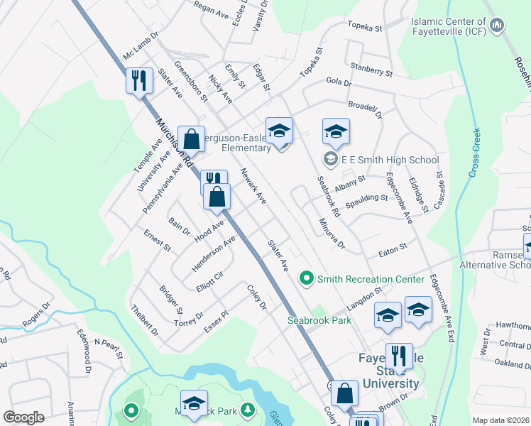 map of restaurants, bars, coffee shops, grocery stores, and more near 1805 Newark Avenue in Fayetteville