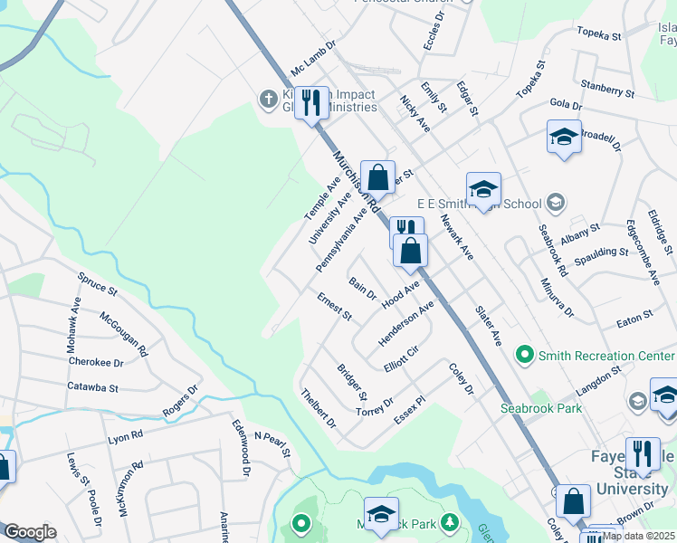 map of restaurants, bars, coffee shops, grocery stores, and more near 1937 Bain Drive in Fayetteville