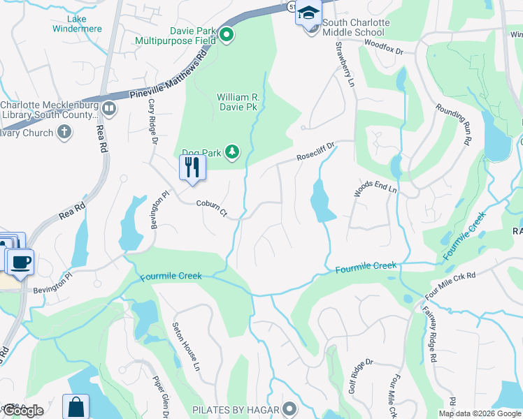 map of restaurants, bars, coffee shops, grocery stores, and more near 4605 Coburn Court in Charlotte
