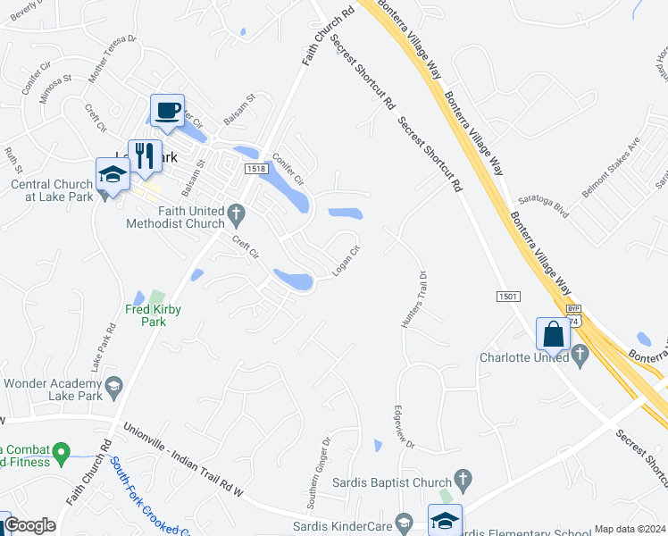 map of restaurants, bars, coffee shops, grocery stores, and more near 5506 Frederick Street in Indian Trail