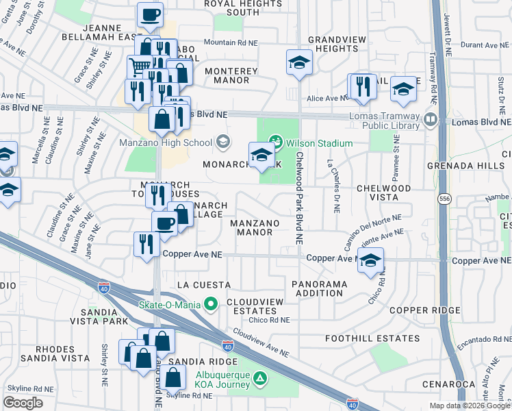 map of restaurants, bars, coffee shops, grocery stores, and more near 12420 Grand Avenue Northeast in Albuquerque