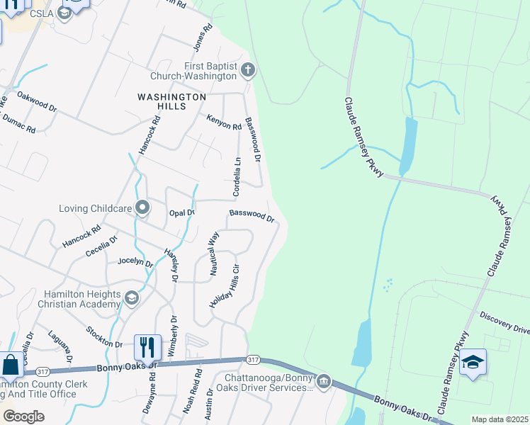 map of restaurants, bars, coffee shops, grocery stores, and more near 6409 Basswood Lane in Chattanooga
