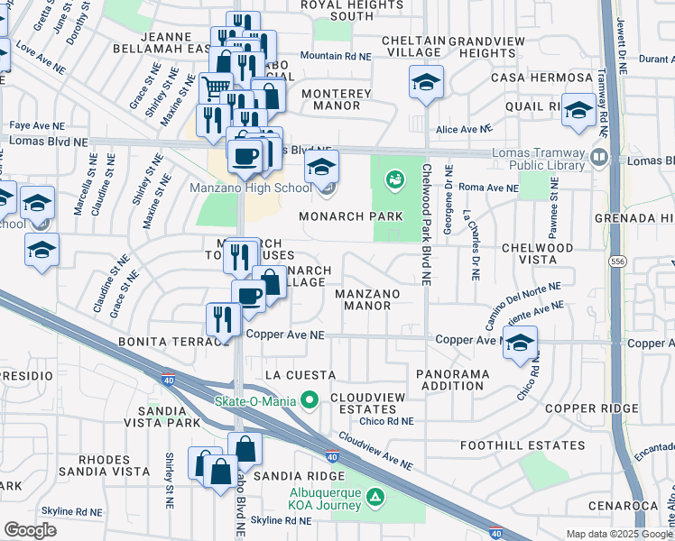 map of restaurants, bars, coffee shops, grocery stores, and more near 709 Burma Drive Northeast in Albuquerque