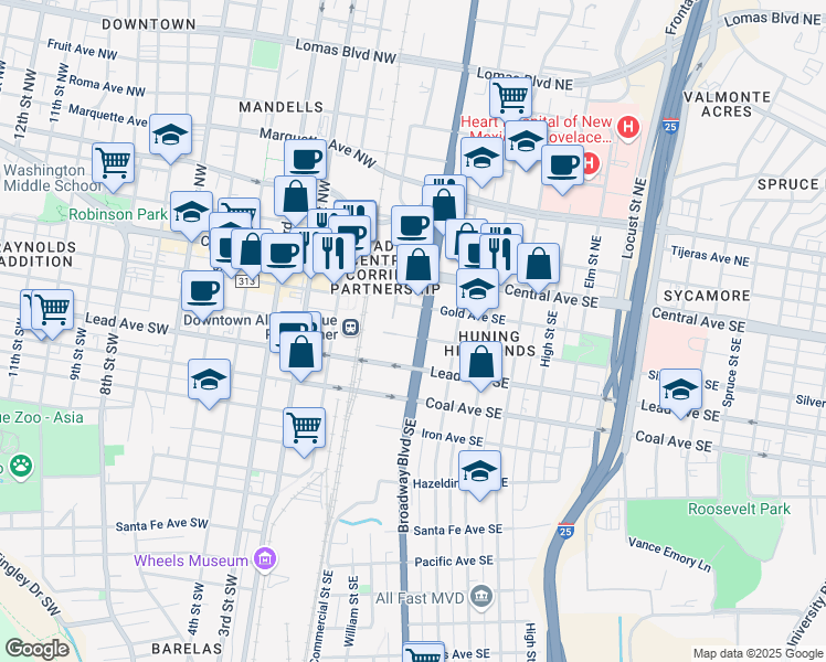map of restaurants, bars, coffee shops, grocery stores, and more near 221 Broadway Boulevard Southeast in Albuquerque