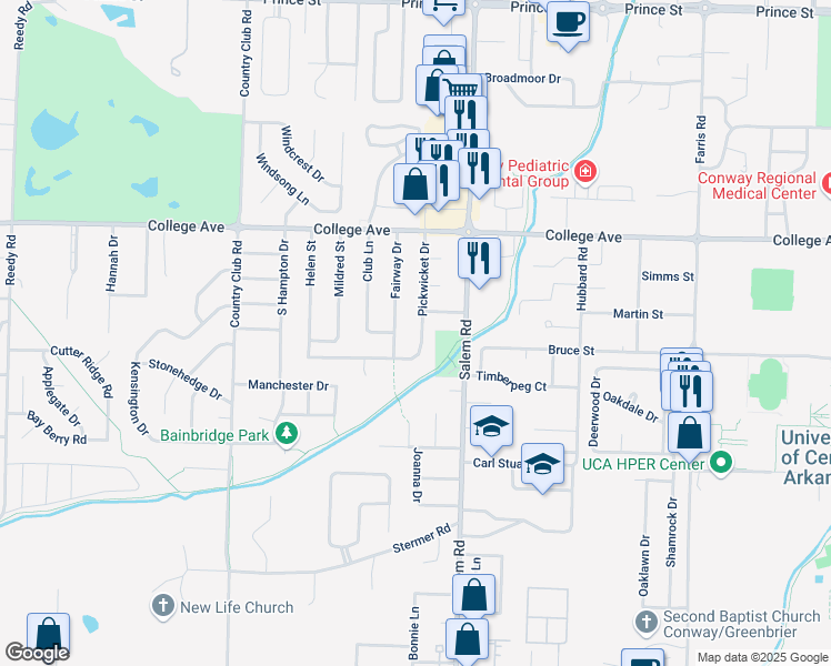 map of restaurants, bars, coffee shops, grocery stores, and more near 295 Pickwicket Drive in Conway