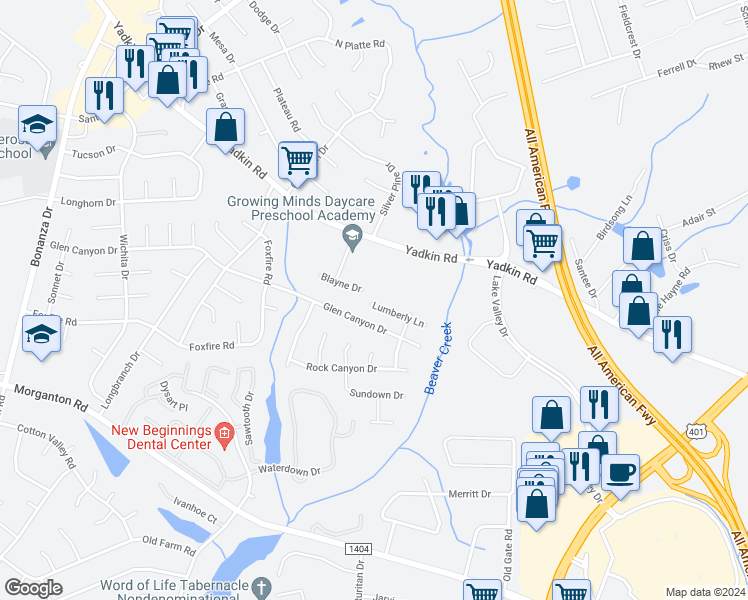 map of restaurants, bars, coffee shops, grocery stores, and more near 503 Lumberly Lane in Fayetteville