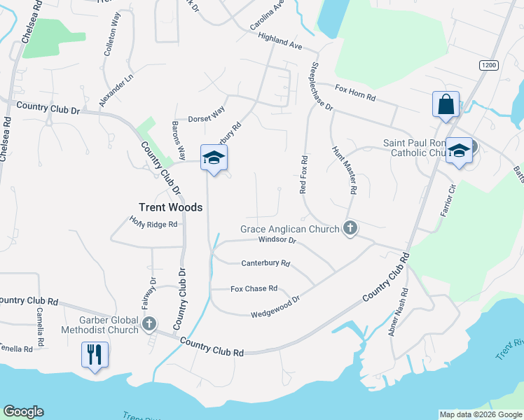 map of restaurants, bars, coffee shops, grocery stores, and more near 3424 Stratford Road in Trent Woods