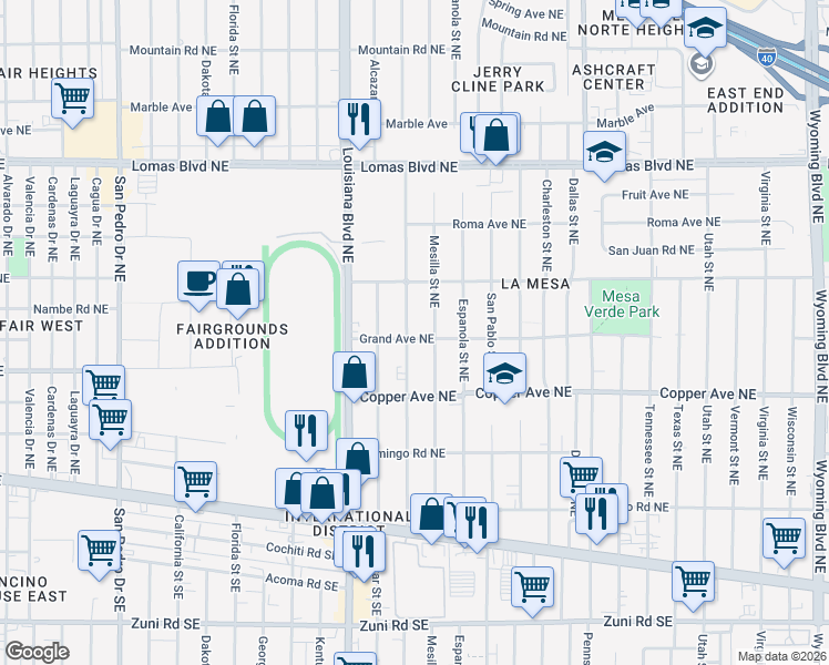 map of restaurants, bars, coffee shops, grocery stores, and more near 402 Chama Street Northeast in Albuquerque
