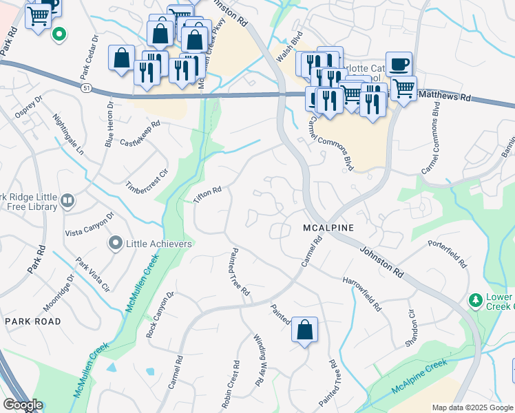 map of restaurants, bars, coffee shops, grocery stores, and more near 11030 Cedar View Road in Charlotte