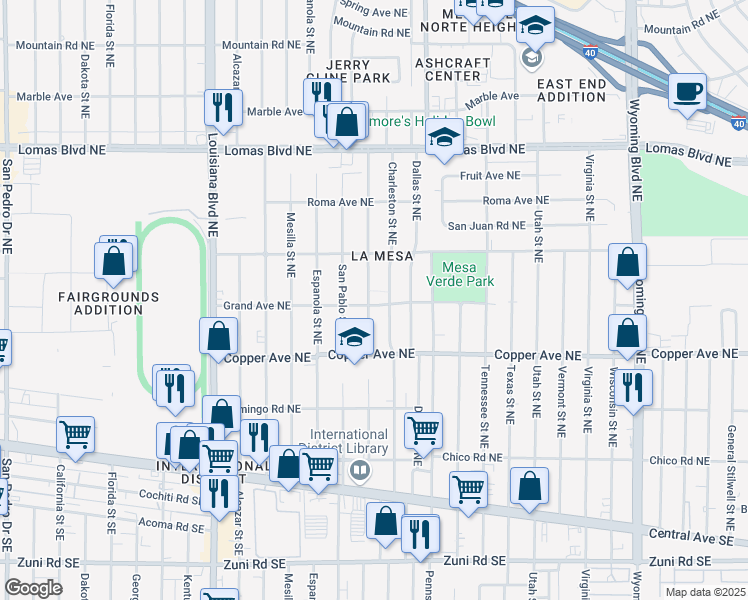 map of restaurants, bars, coffee shops, grocery stores, and more near 502 Grove Street Northeast in Albuquerque