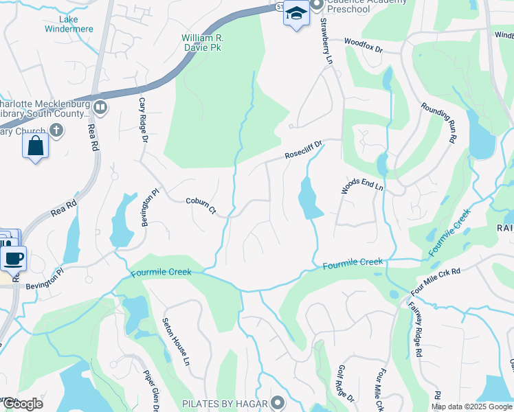 map of restaurants, bars, coffee shops, grocery stores, and more near 4509 Coburn Court in Charlotte