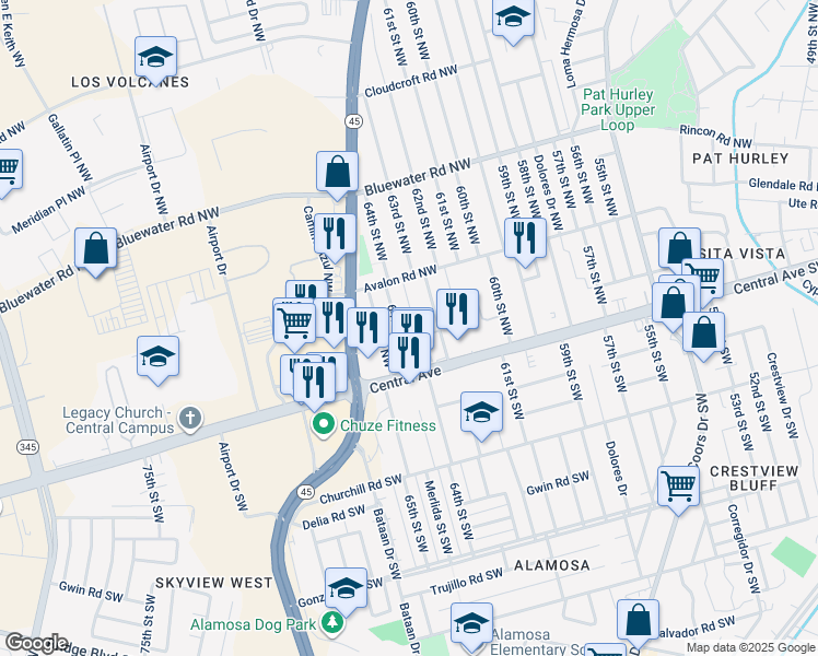 map of restaurants, bars, coffee shops, grocery stores, and more near 205 Avalon Place Northwest in Albuquerque