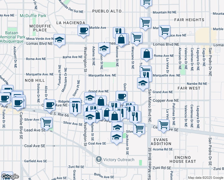 map of restaurants, bars, coffee shops, grocery stores, and more near 4807 Grand Avenue Northeast in Albuquerque