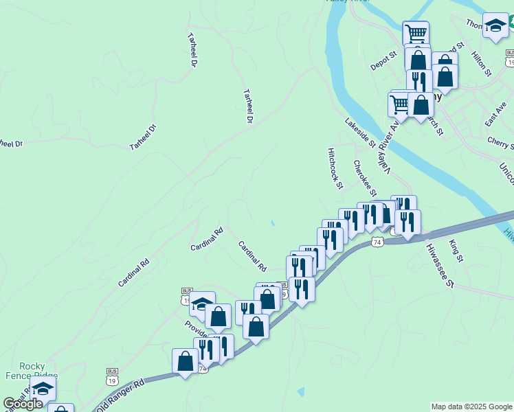 map of restaurants, bars, coffee shops, grocery stores, and more near 53 Wren Ln in Murphy