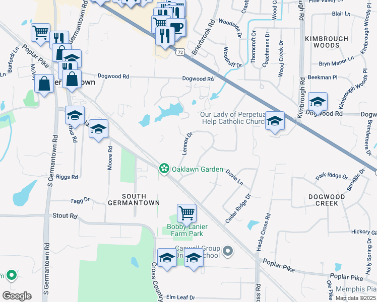 map of restaurants, bars, coffee shops, grocery stores, and more near 2460 Lennox Drive in Germantown