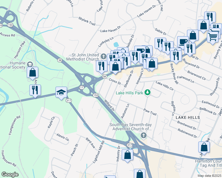 map of restaurants, bars, coffee shops, grocery stores, and more near 4216 Wilkesview Dr in Chattanooga