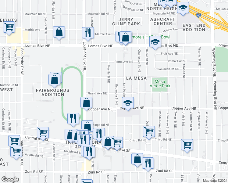 map of restaurants, bars, coffee shops, grocery stores, and more near 501 Espanola Street Northeast in Albuquerque