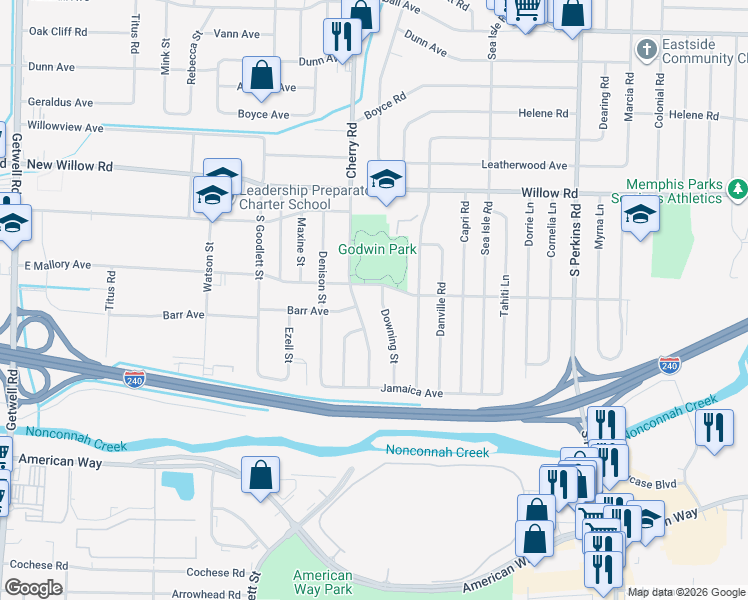 map of restaurants, bars, coffee shops, grocery stores, and more near 1821 Downing Street in Memphis