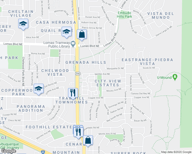 map of restaurants, bars, coffee shops, grocery stores, and more near 1016 Hope Place Northeast in Albuquerque