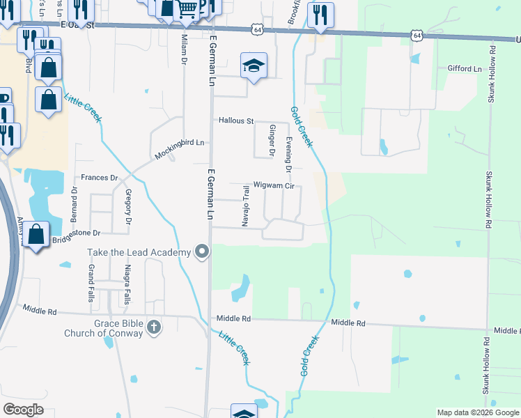 map of restaurants, bars, coffee shops, grocery stores, and more near 357 Choctaw Trail in Conway