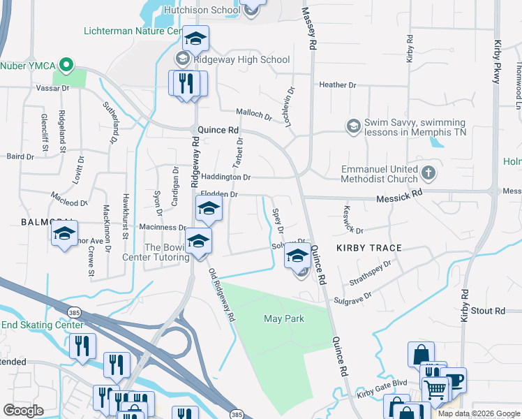 map of restaurants, bars, coffee shops, grocery stores, and more near 2454 Ayrshire Cove in Memphis