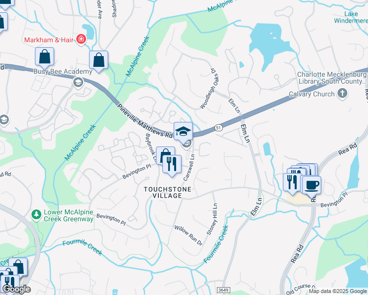 map of restaurants, bars, coffee shops, grocery stores, and more near 9100 Carswell Lane in Charlotte