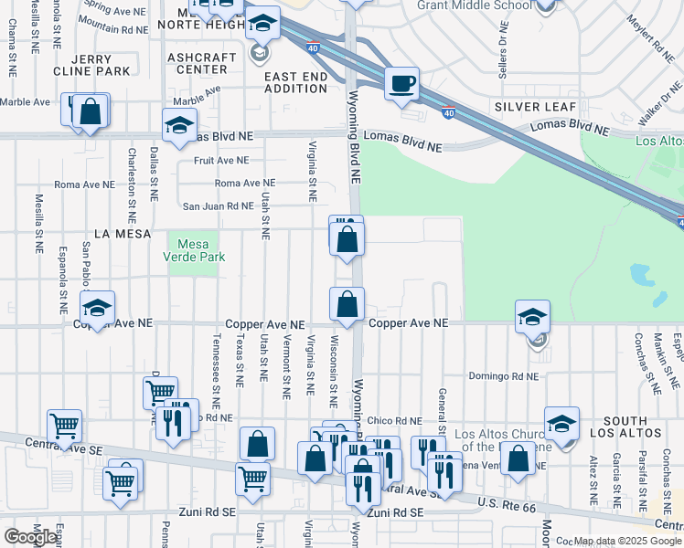 map of restaurants, bars, coffee shops, grocery stores, and more near 500 Wisconsin Street Northeast in Albuquerque