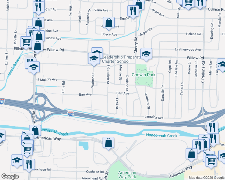 map of restaurants, bars, coffee shops, grocery stores, and more near 4250 Barr Avenue in Memphis