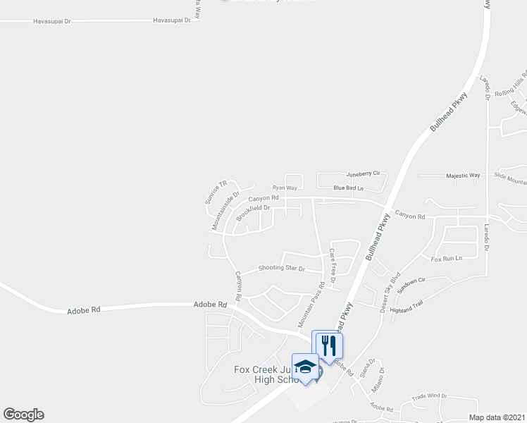 map of restaurants, bars, coffee shops, grocery stores, and more near 2870 Canyon Breeze Road in Bullhead City